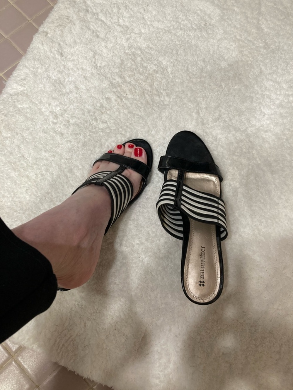 Naturalizer Black and White Striped Slide Sandals with T-Strap